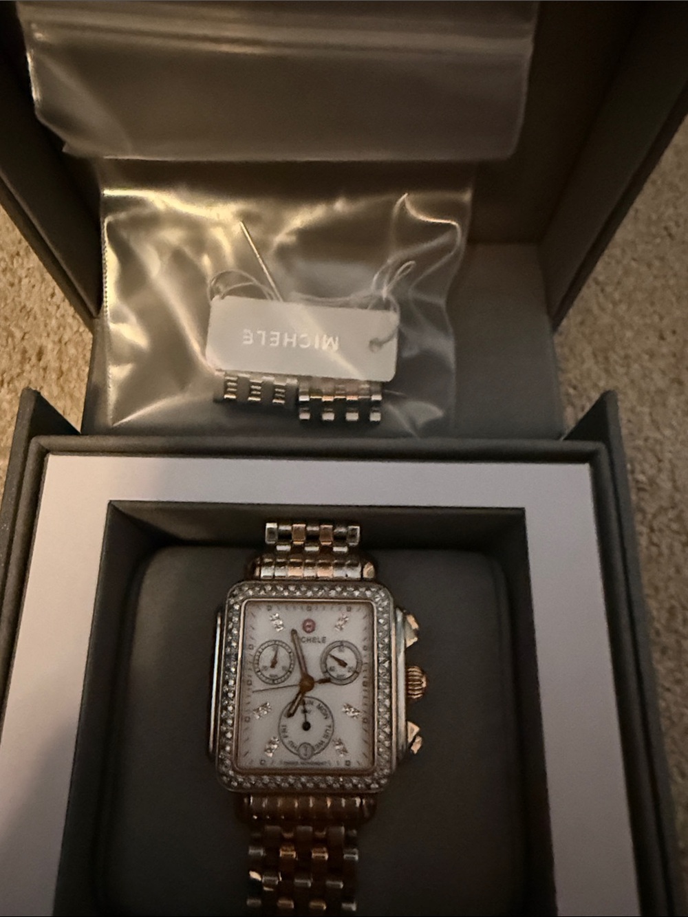 Michele Two-Tone Diamond Bezel Chronograph Watch - Silver & Rose Gold - Picture 6 of 7